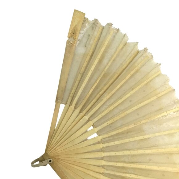 ANTIQUE Women Lace Folding Fan Sequins Embroidered Tulle Wooden Frame Repairable - Picture 8 of 11
